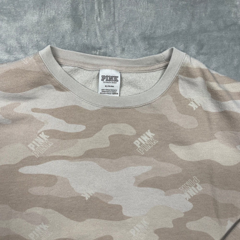 Pink Victoria's Secret Sweatshirt Women Medium Tan Camo Logo Crewneck Pullover - Picture 3 of 9